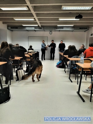 Funkcjonariusze wraz z psem służbowym podczas prowadzonych zajęć ze studentami