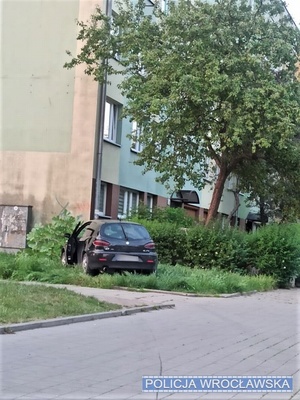 Stojące na trawniku przy bloku auto osobowe