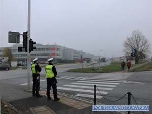 Dwaj umundurowani policjanci ruchu drogowego przy przejściu dla pieszych, na jednej z wrocławskich ulic.