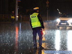 Policjant w mundurze stojący na jezdni w kamizelce odblaskowej zdjęcie zrobione od tyłu