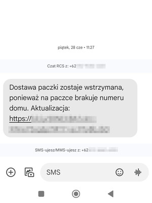 SMS z prośbą o uzupełnieni adresu domu w związku z przesyłką