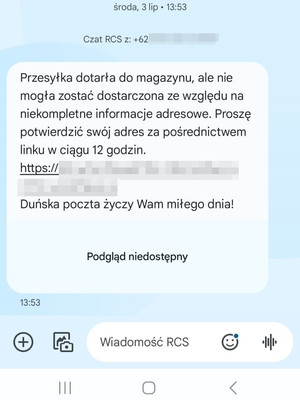 SMS z prośbą o niepełne dane adresowe w związku z przesyłką