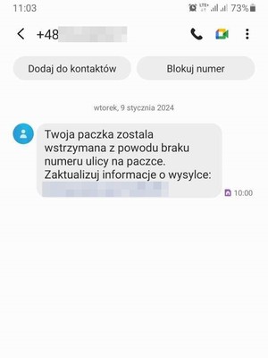 SMS z prośbą o uzupełnieni adresu ulicy w związku z przesyłką