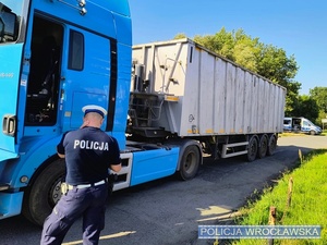 Stojący przy zespole pojazdów ciężarowych umundurowany policjant ruchu drogowego