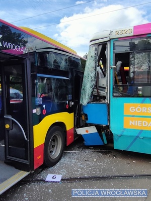 zderzenie czołowe tramwaju z autobusem