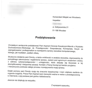 Wdzięczność za wsparcie i rzetelne dochodzenie - policjantka odzyskała pieniądze