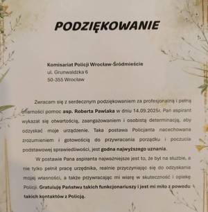 Podziękowanie dla policjanta z komisariatu na Śródmieściu