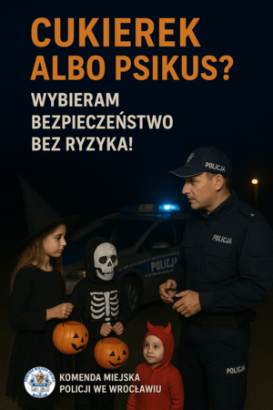 na zdjęciu widać policjanta i dzieci przebrane w związku z Halloween