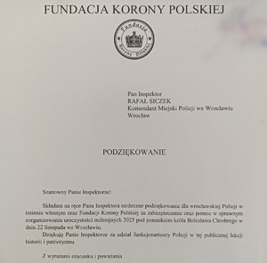 Podziękowanie dla Komendanta Miejskiego Policji we Wrocławiu