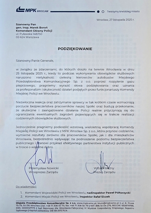 Kolejne podziękowania dla wrocławskich funkcjonariuszy za ich pełną zaangażowania służbę - tym razem słowa uznania skierowali na ręce Komendanta Głównego Policji Prezesi MPK Wrocław