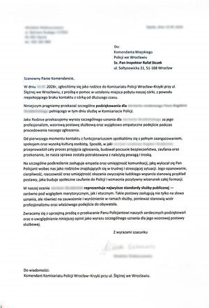 treść podziękowań dla policjanta