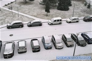 Na zdjęciu kilka ośnieżonych samochodów stojących na parkingu