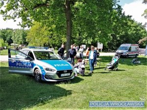 Zdjęcia przedstawiają umundurowanych policjantów na terenie parku. Obok nich znajduje się radiowóz.