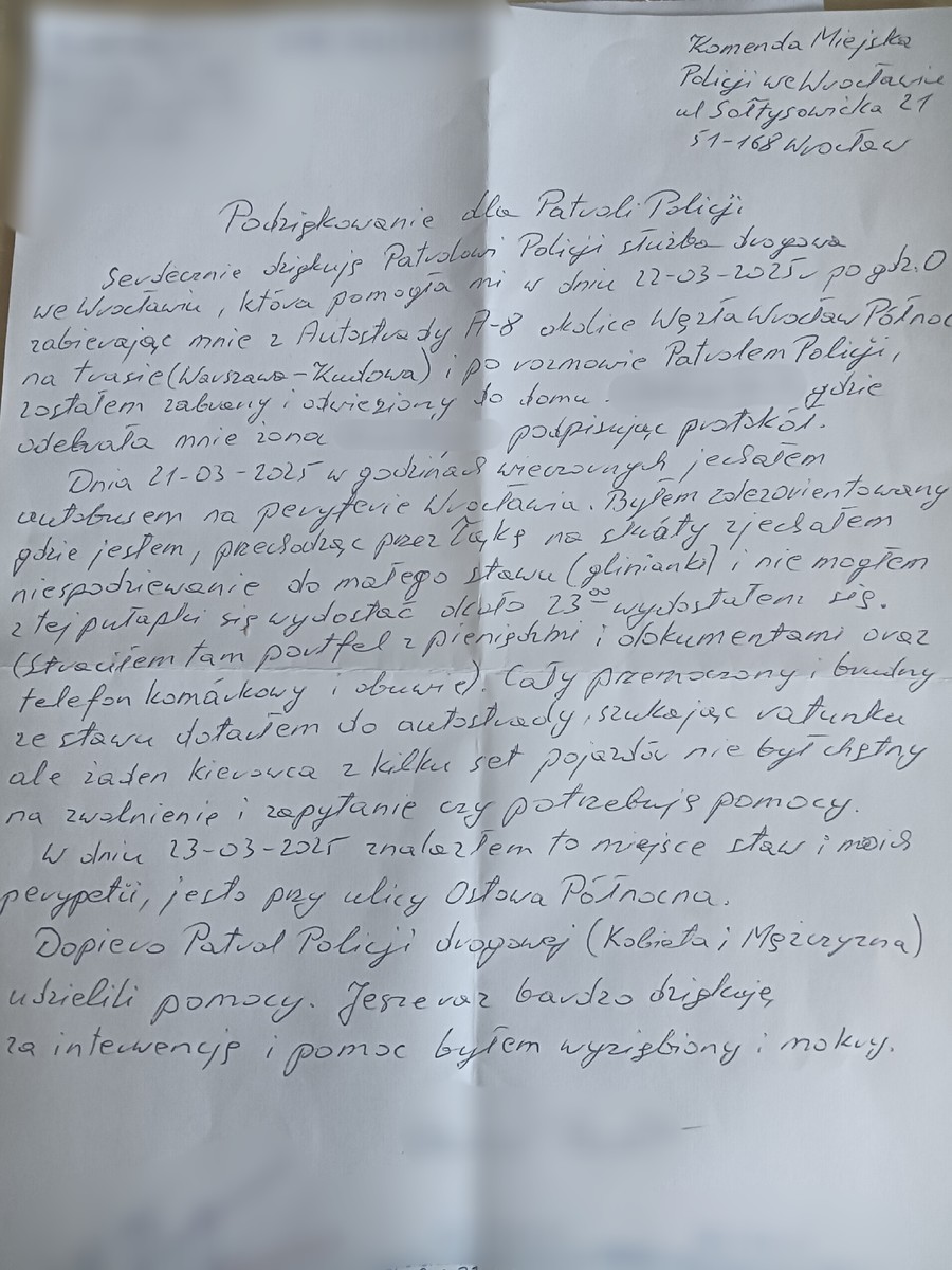 Wdzięczność za okazaną pomoc w trudnej chwili dla wrocławskich policjantów ruchu drogowego